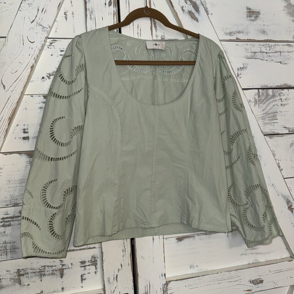 7 For All Mankind Top Balloon Sleeve Eyelet Cutout Balloon Sleeve Blouse Green